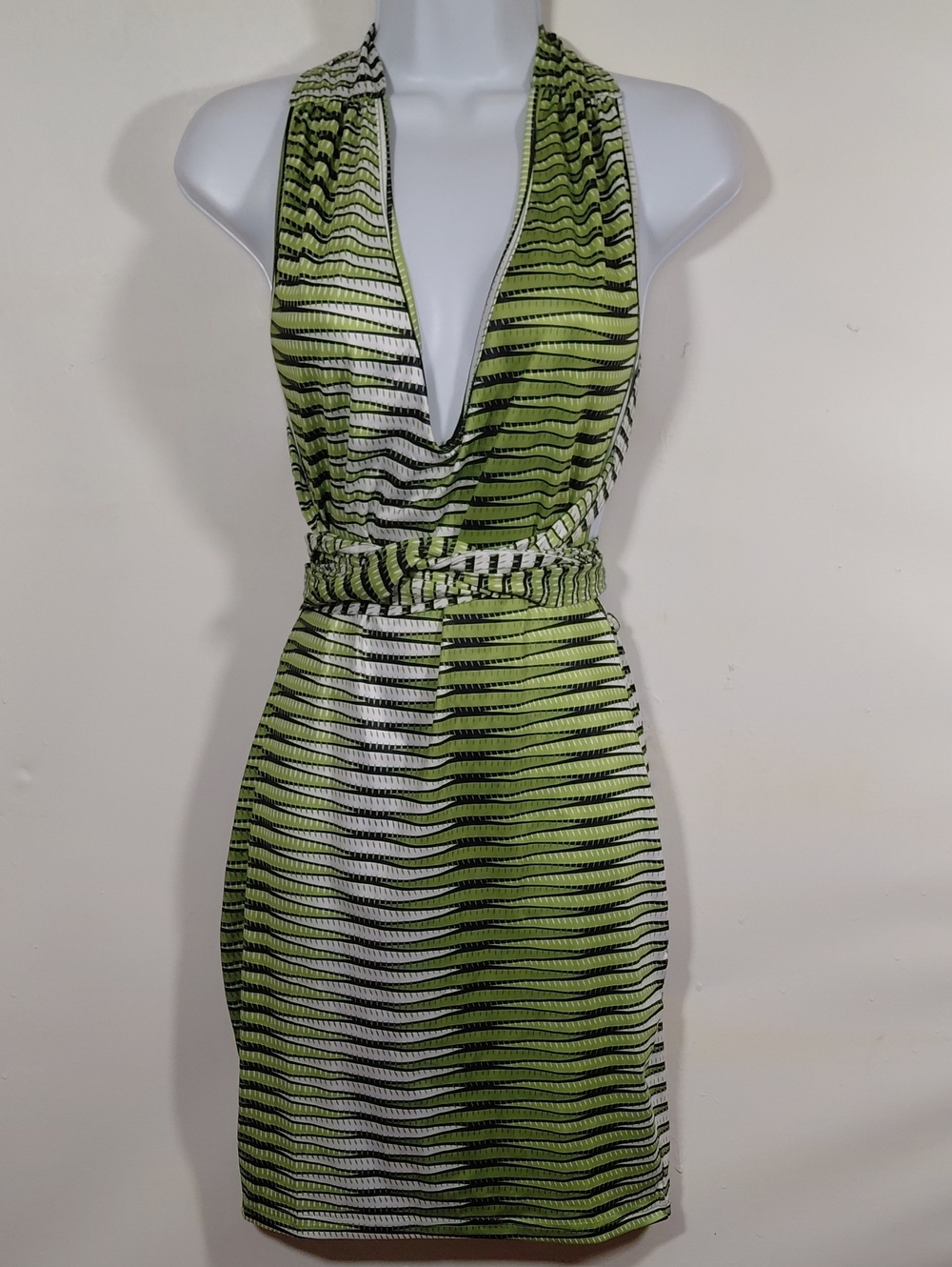 SHEIN Lime Green Striped Deep Plunge Halter Mini Dress Size Medium